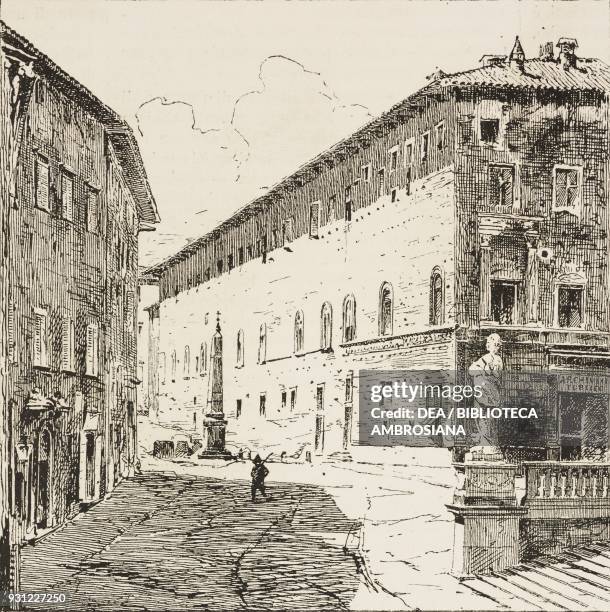 Side view of the Ducal palace, Urbino, Italy, engraving from L'Illustrazione Italiana, Year 3, No 6, December 5, 1875.