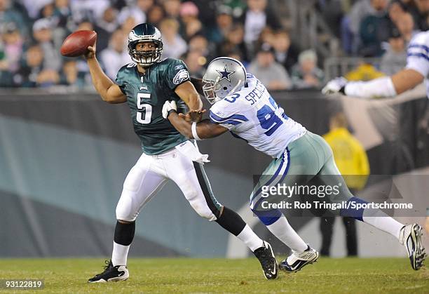 Anthony Spencer of the Dallas Cowboys puts pressure on Donovan McNabb of the Philadelphia Eagles at Lincoln Financial Field on November 8, 2009 in...