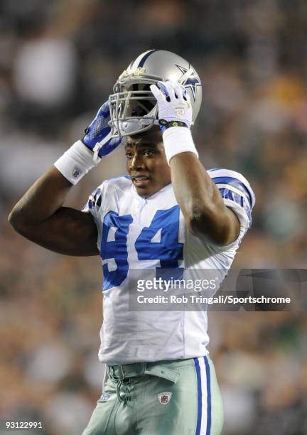 DeMarcus Ware of the Dallas Cowboys looks on against the Philadelphia Eagles at Lincoln Financial Field on November 8, 2009 in Philadelphia,...