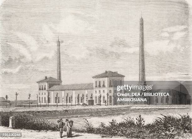Water-pumping plant, Ferrarese Land Reclamation, Codigoro, Italy, engraving from L'Illustrazione Italiana, Year 3, No 10, January 2, 1876.
