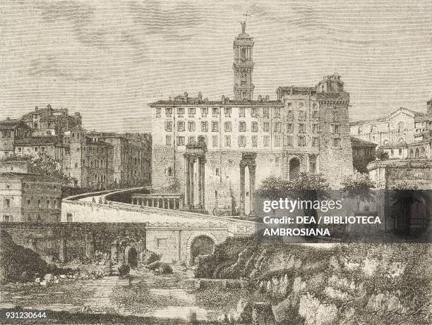 View of the Tabularium and the rear of the Senator's palace from the Forum, drawing by Hubert Clerget from a photograph, from Rome by Francis Wey ,...