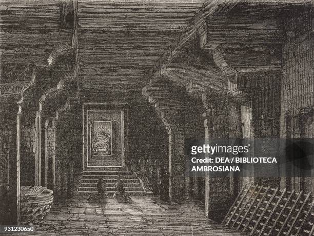 Gallery and shrine, Scillambaran pagoda, Pondicherry, India, drawing by Hubert Clerget , from The Scillambaran pagoda by Admiral Francois-Edmond...