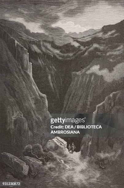The Barranco de Poqueira gorge in the Alpujarras area, Spain, drawing by Dore, from Travels in Spain by Gustave Dore and Jean Charles Davillier...