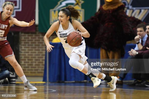 Mei-Lyn Bautista of the George Washington Colonials dribbles the ball during the Championship game of the Atlantic-10 Women's Basketball Tournament...