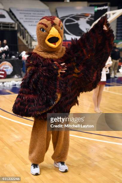 The St. Joseph Hawks mascot on the floor before the Championship game of the Atlantic-10 Women's Basketball Tournament against the George Washington...