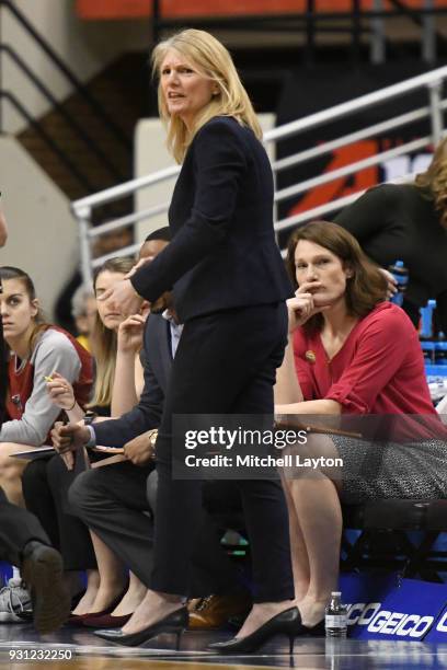 Head coach Cindy Griffin of the St. Joseph Hawks looks on during the Championship game of the Atlantic-10 Women's Basketball Tournament against the...