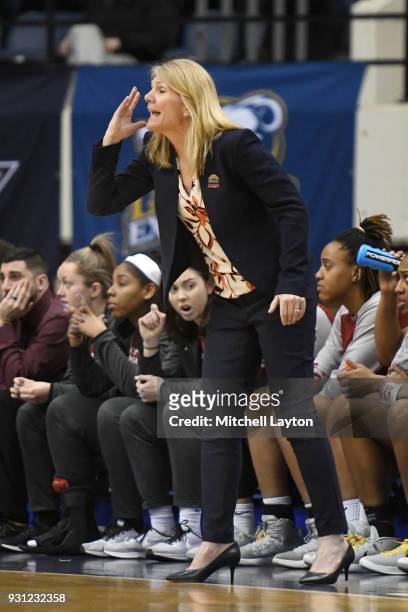 Head coach Cindy Griffin of the St. Joseph Hawks looks on during the Championship game of the Atlantic-10 Women's Basketball Tournament against the...