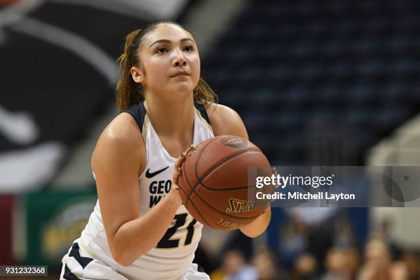 Mei-Lyn Bautista of the George Washington Colonials takes a foul shot during the Championship game of the Atlantic-10 Women's Basketball Tournament...