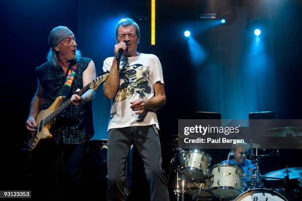 Roger Glover and Ian Gillan and Ian Paice of British rock band Deep Purple perform on stage at Heineken Music Hall on November 17, 2009 in Amsterdam,...