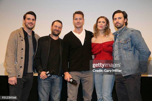 Issac Aptaker, Dan Fogelman, Justin Hartley, Mandy Moore and Milo Ventimiglia attend a screening of "This Is Us" 2nd season finale at the Paramount...