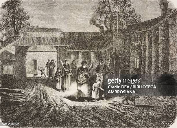 Farmers going to the stable, by Giulio Gorra, engraving from L'Illustrazione Italiana, Year 3, No 17, February 20, 1876.