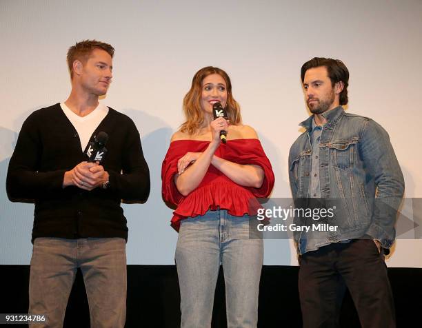 Justin Hartley, Mandy Moore and Milo Ventimiglia attend a screening of "This Is Us" 2nd season finale at the Paramount Theatre during South By...