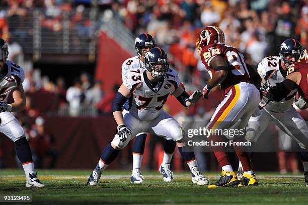 Chris Kuper of the Denver Broncos defends against the Washington Redskins at FedExField on November 15, 2009 in Landover, Maryland. The Redskins won...