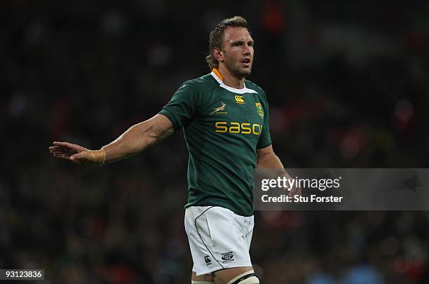 Andries Bekker of South Africa makes a point during the friendly match between Saracens and South Africa at Wembley Stadium on November 17, 2009 in...