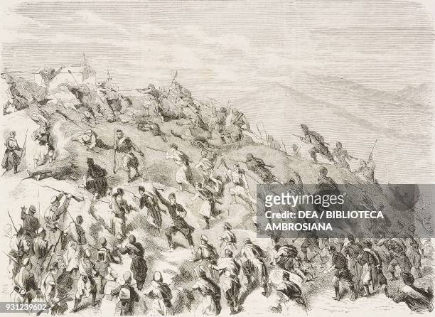 King Alfonso XII's troops storming Santa Barbara d'Oteiza, Carlist Wars, Spain, engraving from L'Illustrazione Italiana, Year 3, No 20, March 12,...
