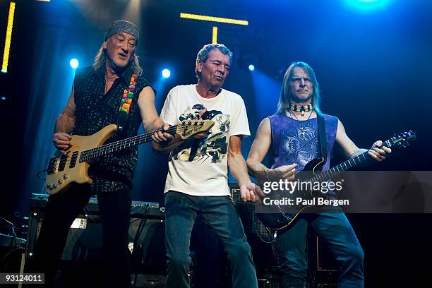 Roger Glover and Ian Gillan and Steve Morse of British rockband Deep Purple perform on stage at Heineken Music Hall on November 17, 2009 in...