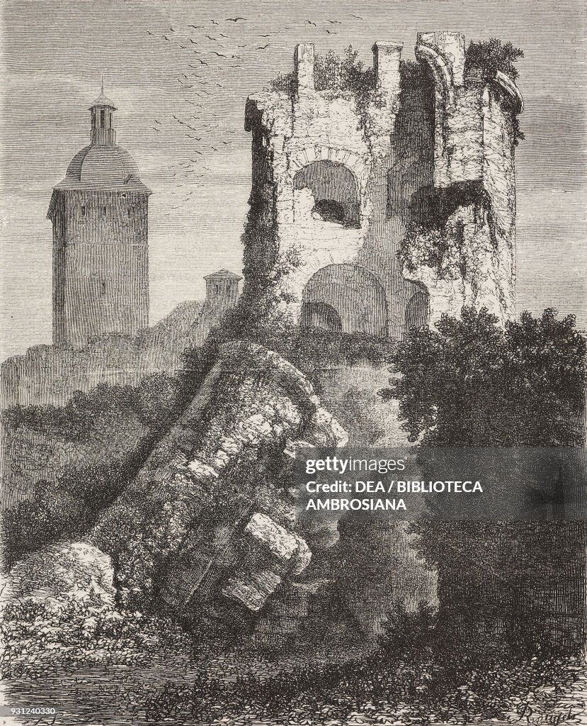The dismantled tower of Heidelberg castle, drawing