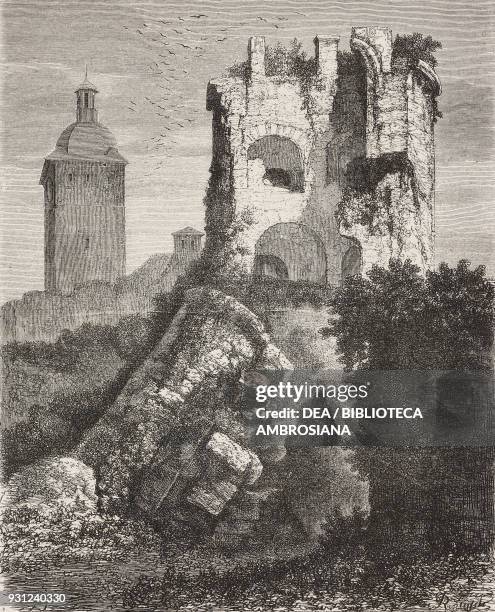 The dismantled tower of Heidelberg castle, Germany, drawing from real life by Francois Stroobant , from The Black Forest by Alfred Michiels , from Il...