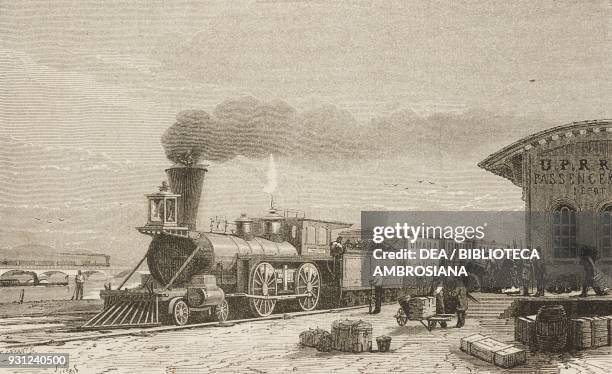 Omaha station, starting point of the Pacific Railroad, United States of America, drawing by Jules Ferat-Descartes from The American prairies, The...