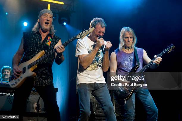 Roger Glover and Ian Gillan and Steve Morse of British rockband Deep Purple perform on stage at Heineken Music Hall on November 17, 2009 in...