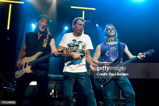 Roger Glover and Ian Gillan and Steve Morse of British rockband Deep Purple perform on stage at Heineken Music Hall on November 17, 2009 in...