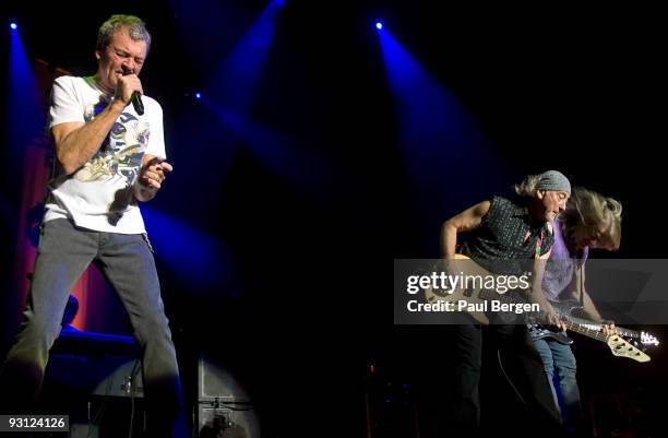 Ian Gillan and Roger Glover and Steve Morse of British rockband Deep Purple perform on stage at Heineken Music Hall on November 17, 2009 in...