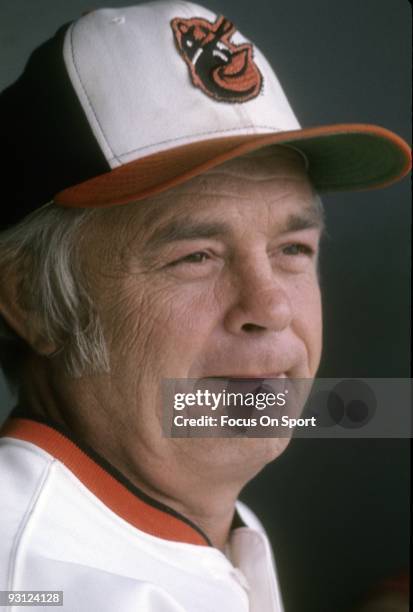 S: Manager Earl Weaver of the Baltimore Orioles sitting in the dougout prior to a mid 1970's MLB baseball game at Memorial Stadium in Baltimore,...
