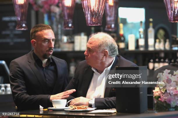 Ulli Hoeness, President of FC Bayern Muenchen arrives with Franck Ribery at Munich international airport 'Franz Josef Strauss' prior their team...