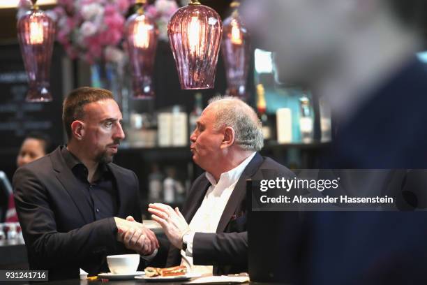 Ulli Hoeness, President of FC Bayern Muenchen arrives with Franck Ribery at Munich international airport 'Franz Josef Strauss' prior their team...