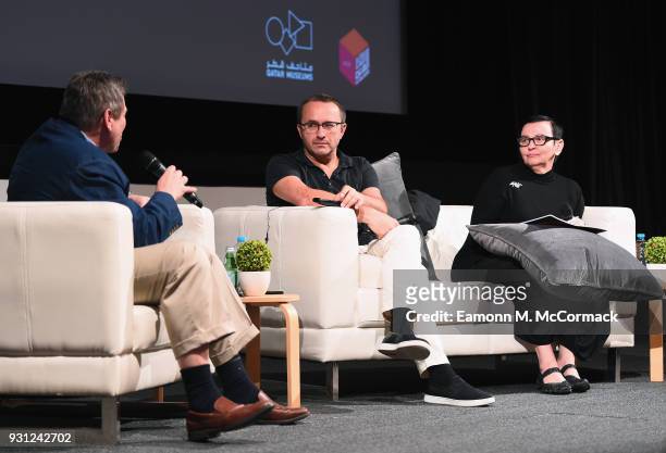 Director Andrey Zvyagintsev speaks on stage during a Masterclass on day five of Qumra, the fourth edition of the industry event by the Doha Film...