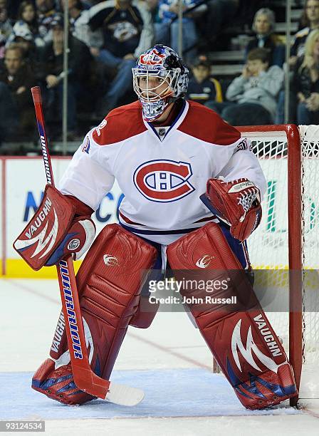 Carey Price of the Nashville Predators eyes the play against the Montreal Canadiens on November 14, 2009 at the Sommet Center in Nashville, Tennessee.