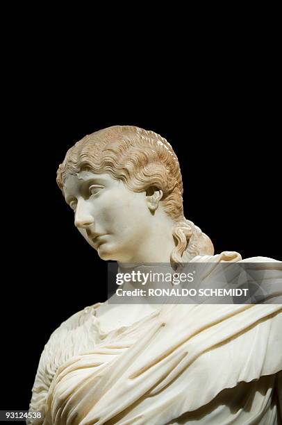 Detail of a marble statue on display as part of the exhibition "Pompeya and a Roman Villa" in the National Museum of Anthropology and History in...