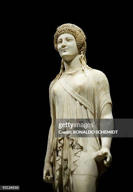 View of a marble statue on display as part of the exhibition "Pompeya and a Roman Villa" in the National Museum of Anthropology and History in Mexico...