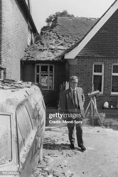 British Conservative politician Sir Geoffrey Howe , the MP for East Surrey, visits the site of a Provisional IRA bombing at the Caterham Arms pub in...