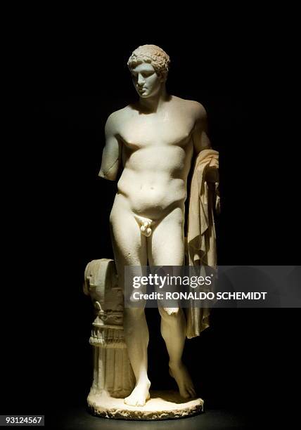 View of a marble statue on display as part of the exhibition "Pompeya and a Roman Villa" in the National Museum of Anthropology and History in Mexico...