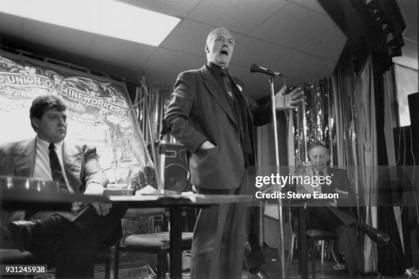 Labour politician Anthony Wedgwood Benn addresses the Grimethorpe Pit Camp Rally in South Yorkshire, February 1993. Arthur Scargill, president of the...