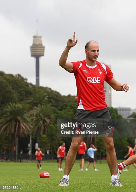 Tadhg Kennelly of the Swans calls for the ball during a Sydney Swans AFL training session at Lakeside Oval on November 18, 2009 in Sydney, Australia....