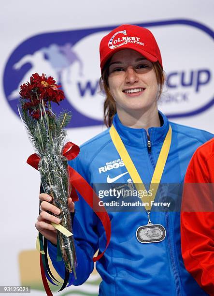 Katherine Reutter of the United States celebrate her second place finish in the 1000m final during the ISU World Cup Short Track Speedskating...