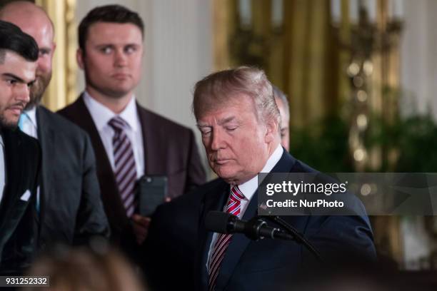 President Donald Trump welcomes the Houston Astros to the White House to celebrate their World Series Championship, in the East Room, on Monday,...