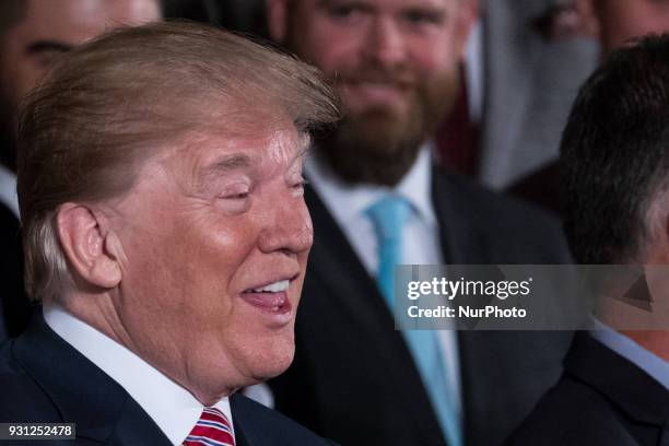 President Donald Trump welcomes the Houston Astros to the White House to celebrate their World Series Championship, in the East Room, on Monday,...