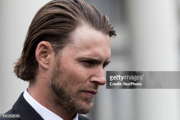 Houston Astros Outfielder Josh Reddick, and other members of his team, met with reporters outside of the West Wing Portico of the White House, on...