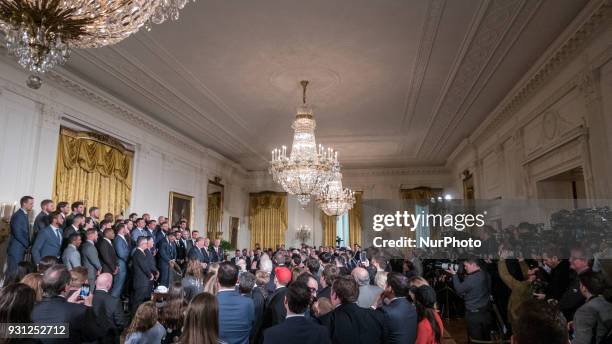 President Donald Trump welcomes the Houston Astros to the White House to celebrate their World Series Championship, in the East Room, on Monday,...