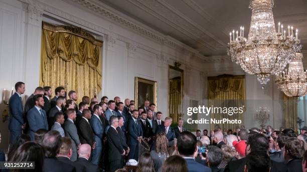 President Donald Trump welcomes the Houston Astros to the White House to celebrate their World Series Championship, in the East Room, on Monday,...