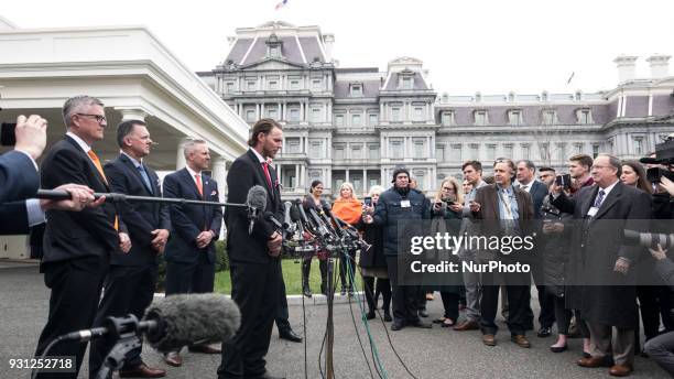 Members of the Houston Astros, : GM Jeff Luhnow, Manager A.J. Hinch, President Reid Ryan, Outfielder Josh Reddick, and Owner Jim Crane, met with...