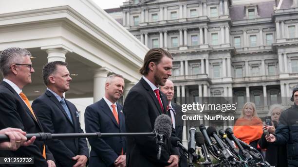 Members of the Houston Astros, : GM Jeff Luhnow, Manager A.J. Hinch, President Reid Ryan, Outfielder Josh Reddick, and Owner Jim Crane, met with...