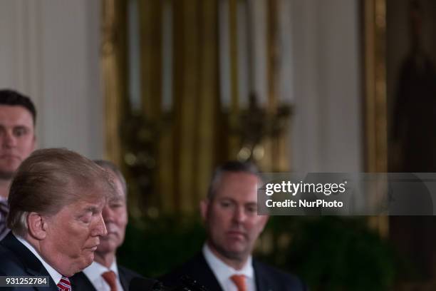 President Donald Trump welcomes the Houston Astros to the White House to celebrate their World Series Championship, in the East Room, on Monday,...