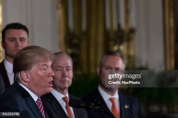 President Donald Trump welcomes the Houston Astros to the White House to celebrate their World Series Championship, in the East Room, on Monday,...