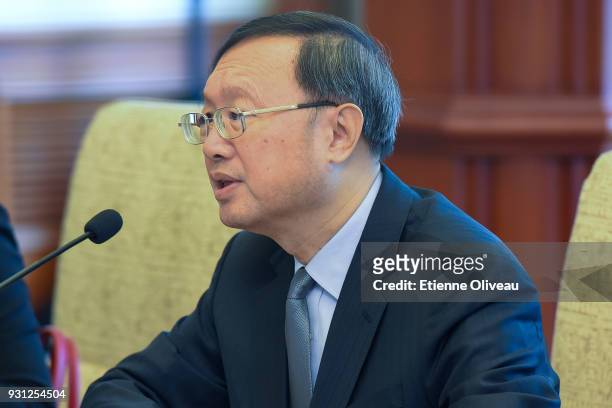 Chinese State Councilor Yang Jiechi speaks during a meeting with Republic of Korea's National Security Advisor Chung Eui-Yong and South Korean...