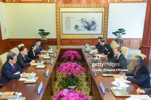 Chinese State Councilor Yang Jiechi meets with Republic of Korea's National Security Advisor Chung Eui-Yong and South Korean ambassador to China Noh...