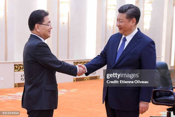 Chinese President Xi Jinping meets with Republic of Korea's National Security Advisor Chung Eui-Yong and South Korean Ambassador to China Noh...